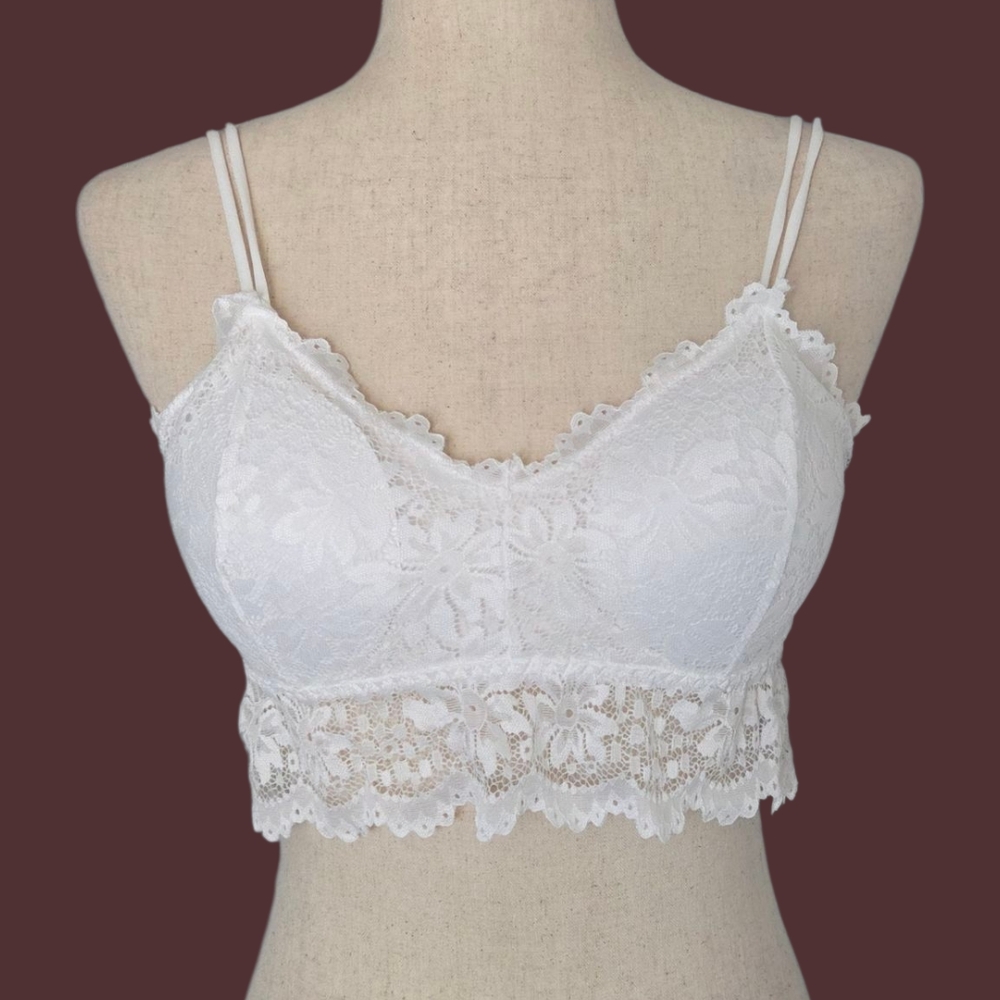 White Floral Lace Bralette XL/ XXL Scalloped Padded Strappy Bralette NWT